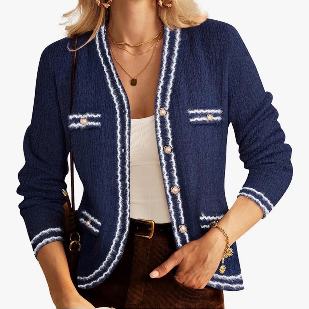 Grace Karin Navy Cardigan with White Accents